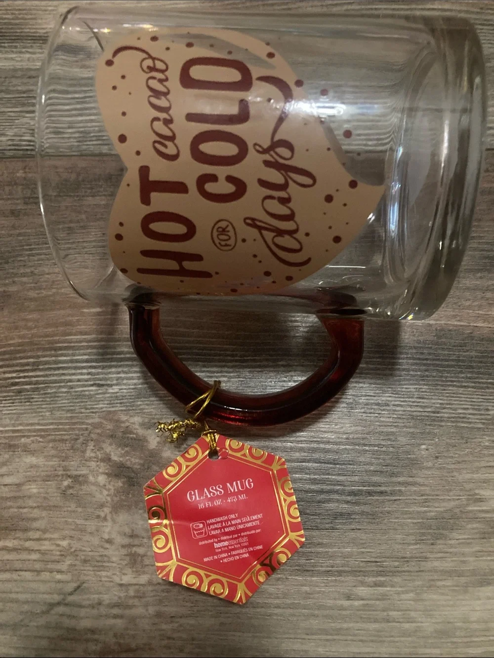 Hot Cocoa for Cold Days Clear Glass Coffee Tea Mug Cup NWT